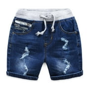 JingChang Boy's Ripped Denim Shorts Straight Leg Jean Shorts Zipper Fly Washed Shorts with Pockets,Blue,2 Years